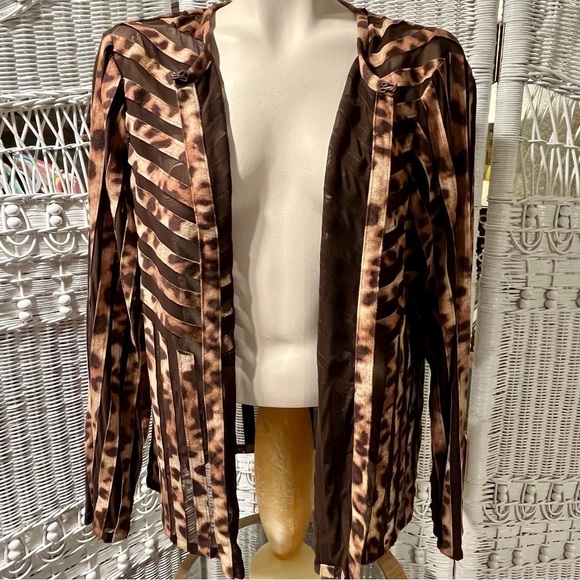 CHICOS TRAVELERS Sz 2 US L/12 Leopard Print Jacket Brown Suede Stripe Semi-Sheer - Picture 8 of 15